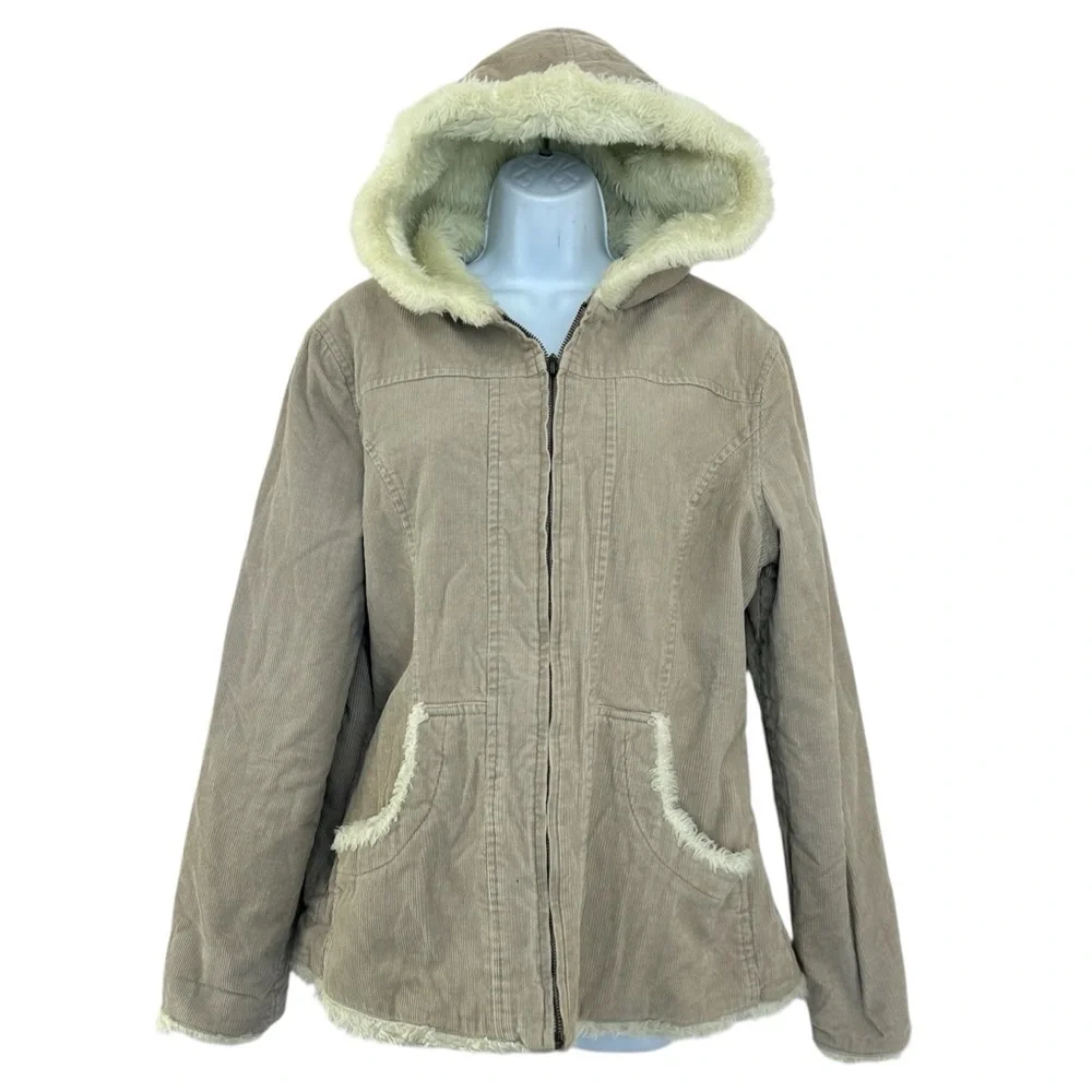 Deb Vintage 90s Y2K Tan Corduroy Jacket with Cream Faux Fur Trim L/XL